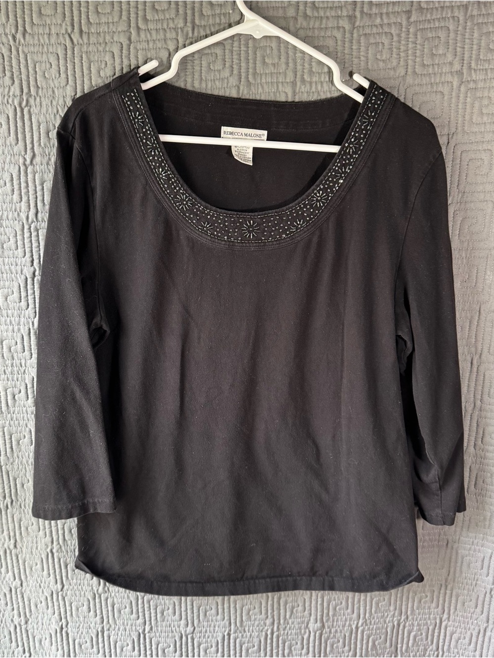 Rebecca Malone Black Embellished Scoop Neck 3/4 Sleeve Top Size Medium Blouse